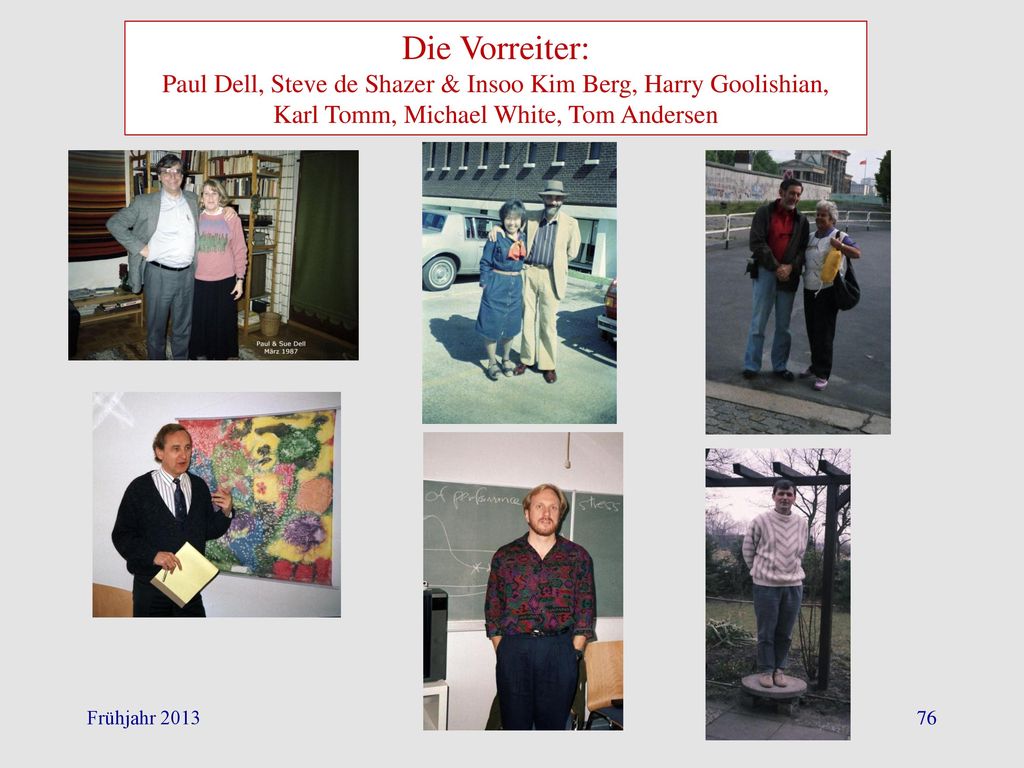 Die Vorreiter: Paul Dell, Steve de Shazer & Insoo Kim Berg, Harry Goolishian, Karl Tomm, Michael White, Tom Andersen.