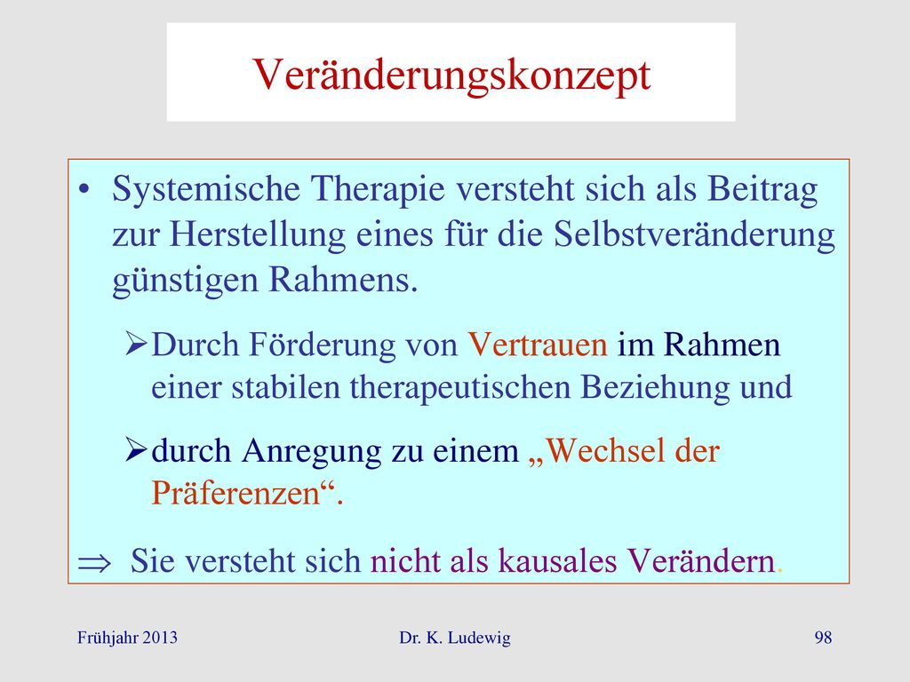 Veränderungskonzept Systemische Therapie versteht sich als Beitrag zur Herstellung eines für die Selbstveränderung günstigen Rahmens.