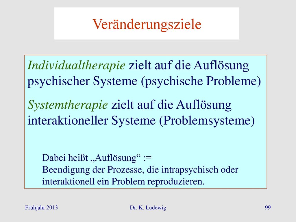 Veränderungsziele Individualtherapie zielt auf die Auflösung psychischer Systeme (psychische Probleme)