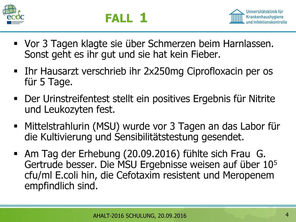 FALL 1 Vor 3 Tagen klagte sie über Schmerzen beim Harnlassen. Sonst geht es ihr gut und sie hat kein Fieber.