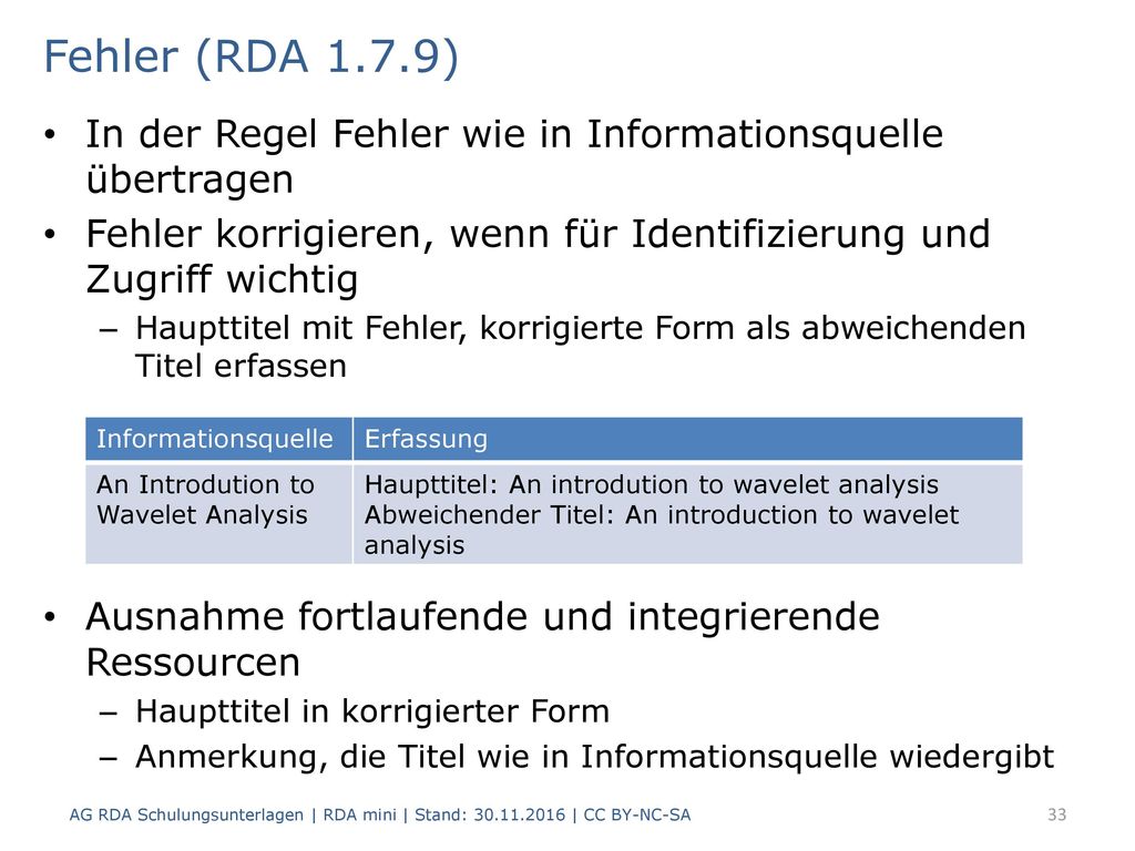 Fehler (RDA 1.7.9) In der Regel Fehler wie in Informationsquelle übertragen. Fehler korrigieren, wenn für Identifizierung und Zugriff wichtig.