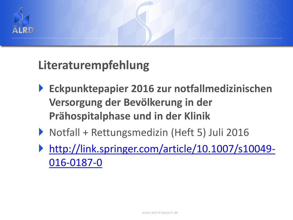 Literaturempfehlung Eckpunktepapier 2016 zur notfallmedizinischen Versorgung der Bevölkerung in der Prähospitalphase und in der Klinik.
