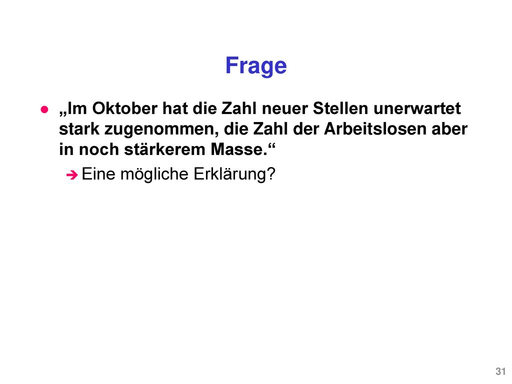 Frage „Im Oktober hat die Zahl neuer Stellen unerwartet stark zugenommen, die Zahl der Arbeitslosen aber in noch stärkerem Masse.