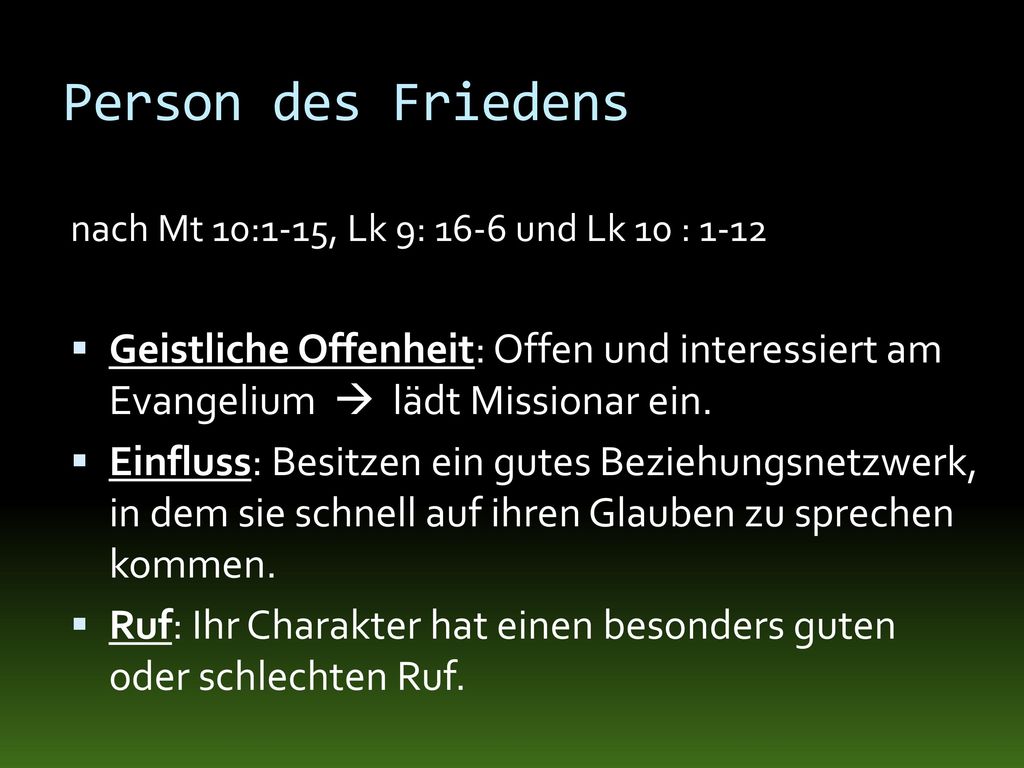 Person des Friedens nach Mt 10:1-15, Lk 9: 16-6 und Lk 10 :