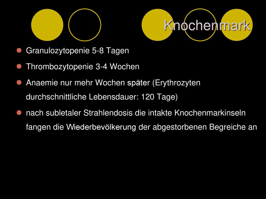 Knochenmark Granulozytopenie 5-8 Tagen Thrombozytopenie 3-4 Wochen