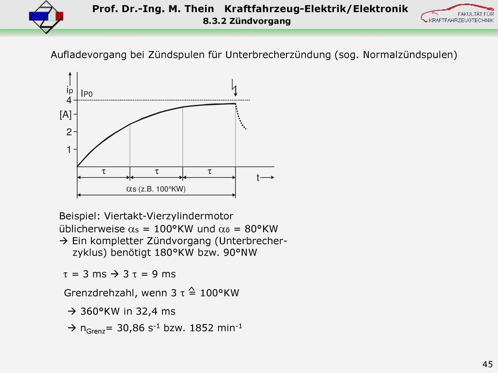 8.3.2 Zündvorgang Aufladevorgang bei Zündspulen für Unterbrecherzündung (sog. Normalzündspulen) Beispiel: Viertakt-Vierzylindermotor.