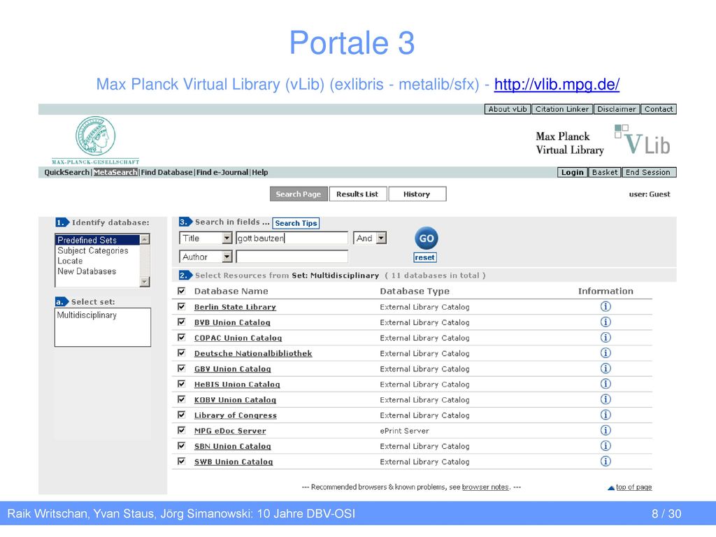 Portale 3 Max Planck Virtual Library (vLib) (exlibris - metalib/sfx) -