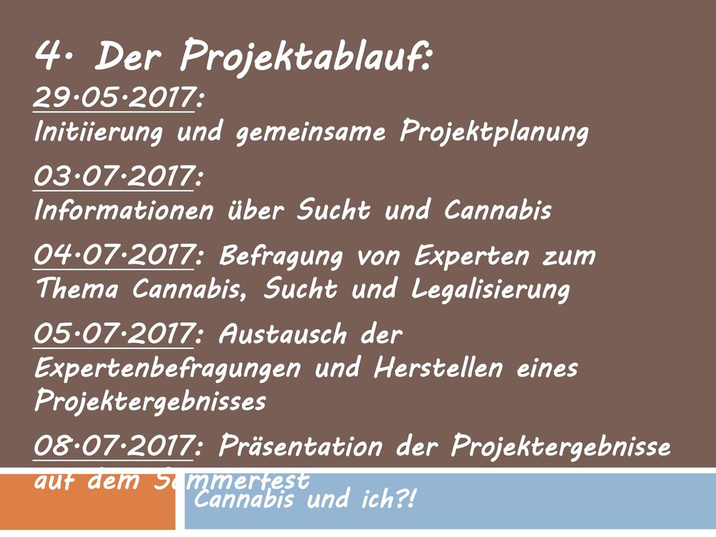 4. Der Projektablauf: : Initiierung und gemeinsame Projektplanung : Informationen über Sucht und Cannabis.