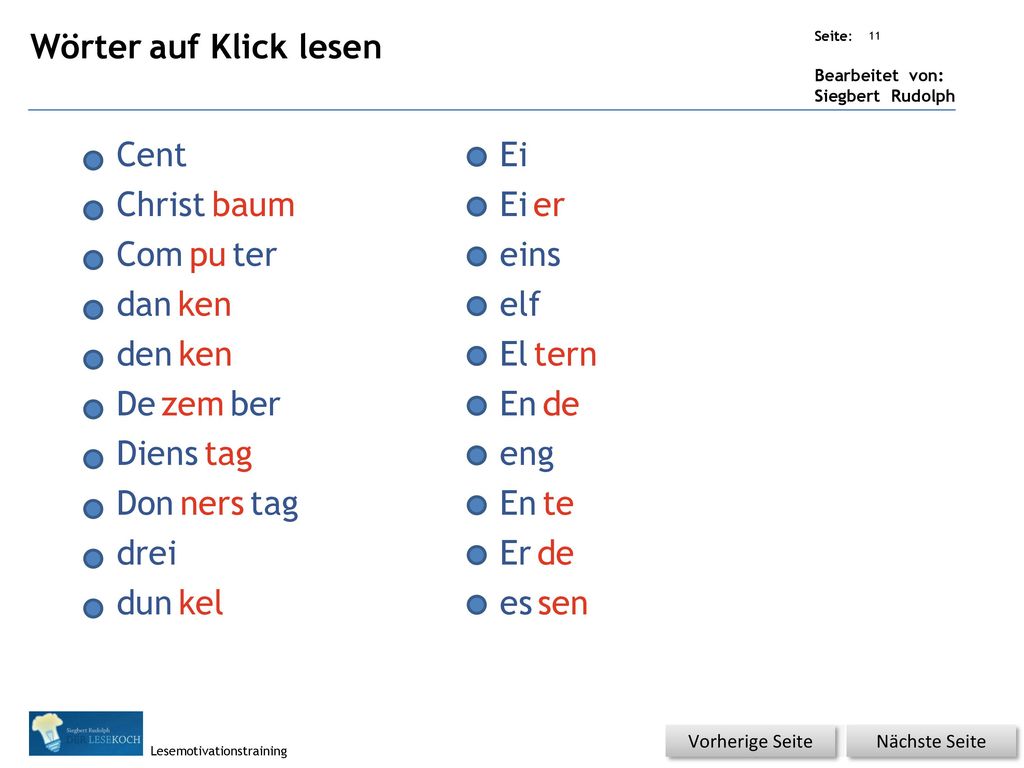 Wörter auf Klick lesen Cent Ei Christ baum Ei er Com pu ter eins dan