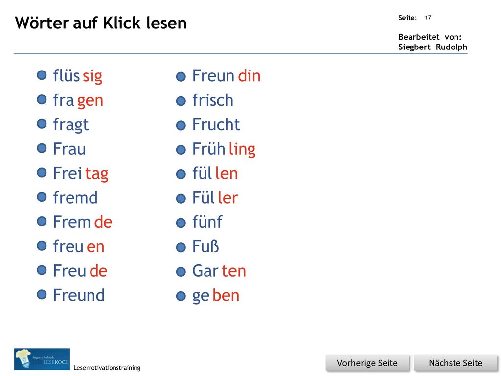 Wörter auf Klick lesen flüs sig Freun din fra gen frisch fragt Frucht