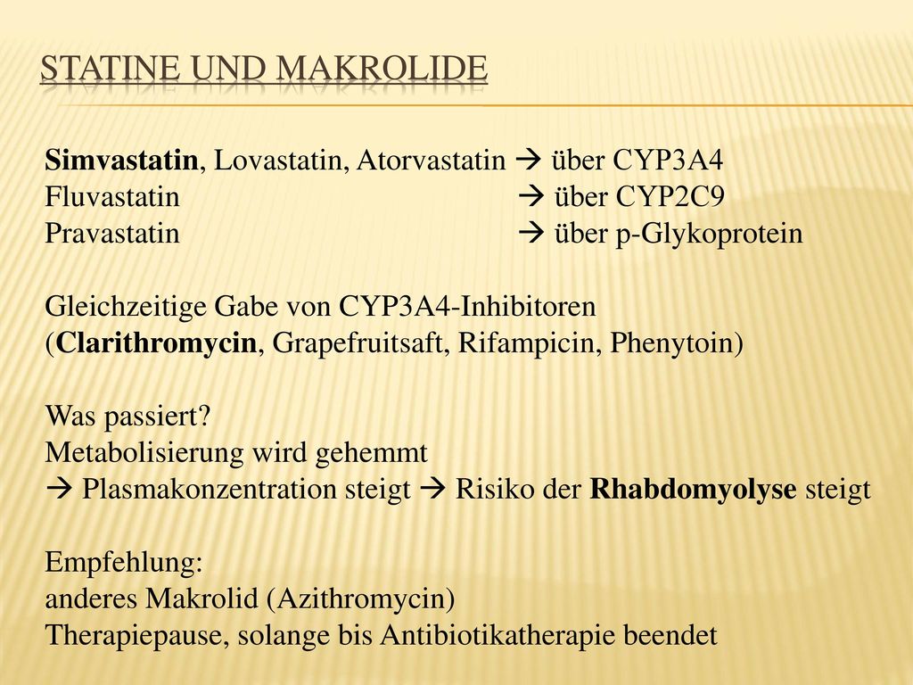Statine und Makrolide Simvastatin, Lovastatin, Atorvastatin  über CYP3A4. Fluvastatin  über CYP2C9.