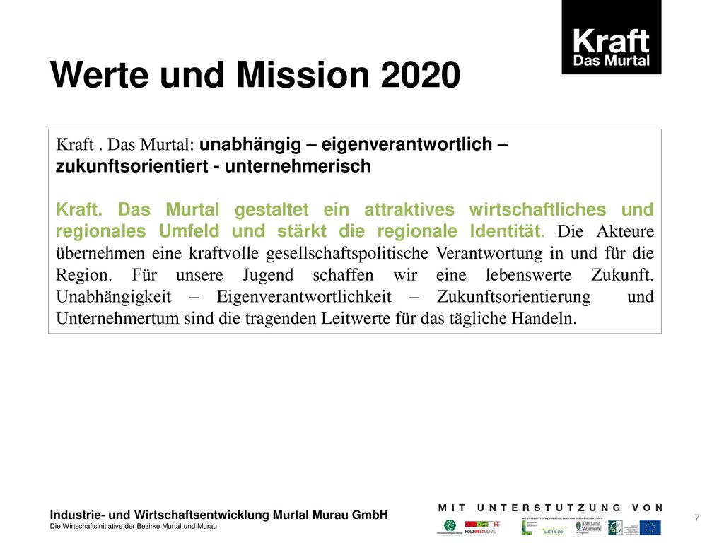 Werte und Mission 2020 Kraft . Das Murtal: unabhängig – eigenverantwortlich – zukunftsorientiert - unternehmerisch.