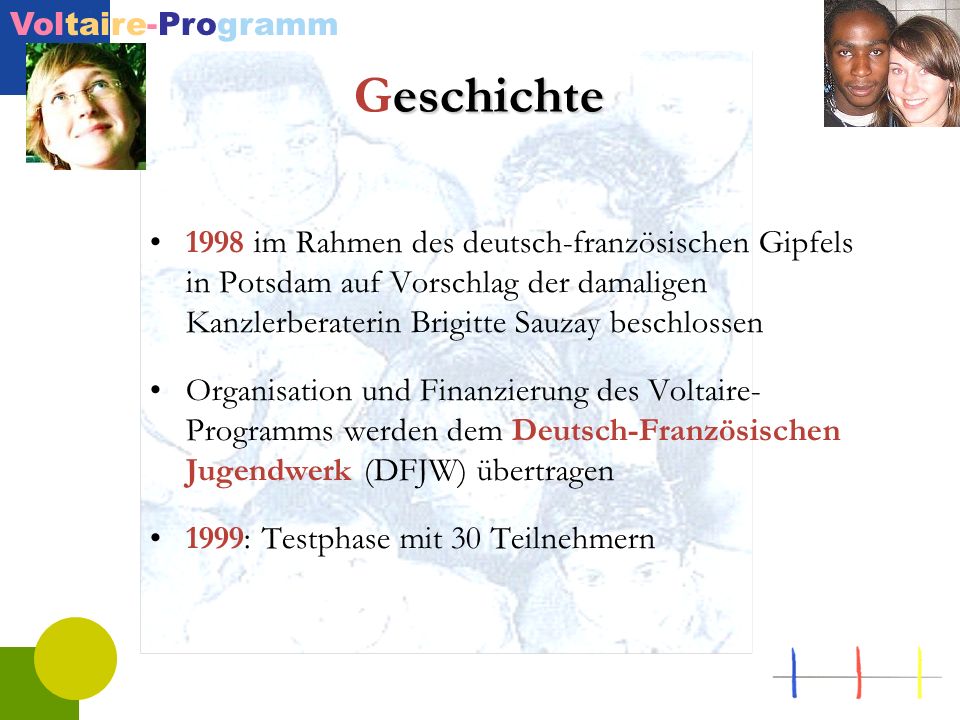 Geschichte 1998 im Rahmen des deutsch-französischen Gipfels in Potsdam auf Vorschlag der damaligen Kanzlerberaterin Brigitte Sauzay beschlossen.