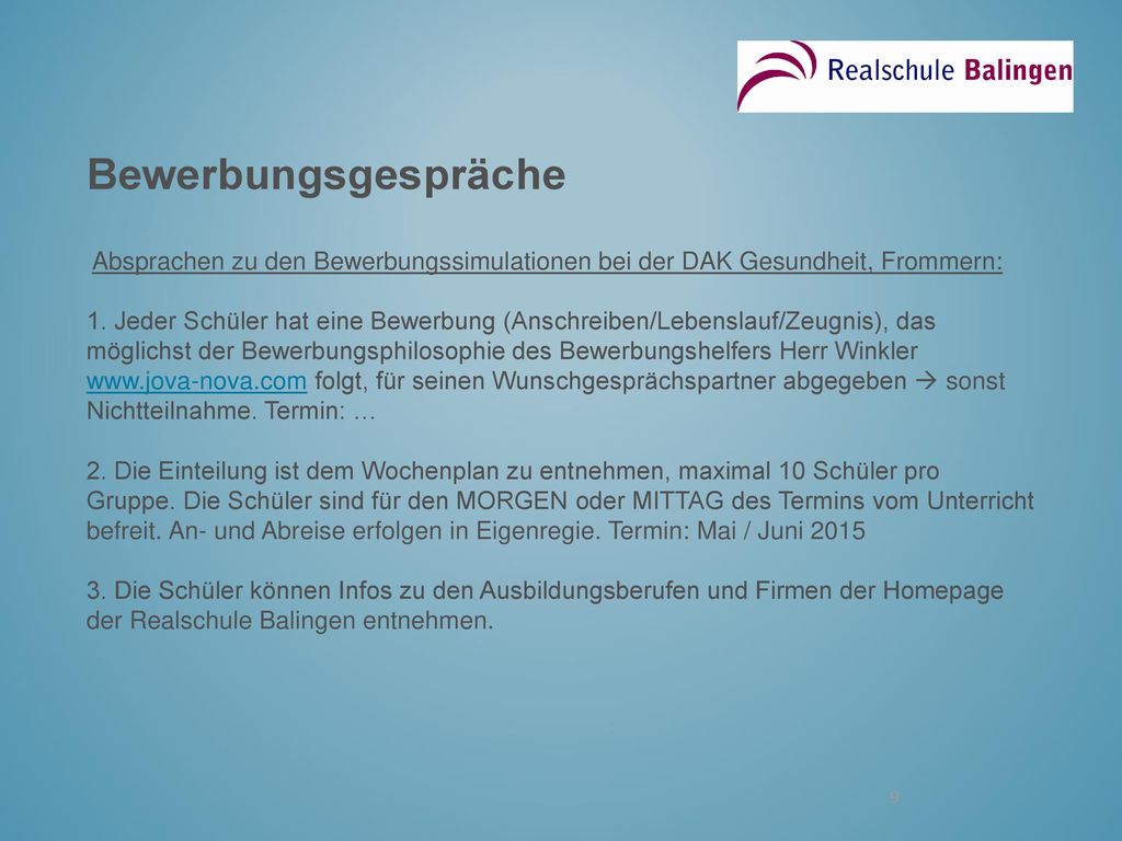 Bewerbungsgespräche Absprachen zu den Bewerbungssimulationen bei der DAK Gesundheit, Frommern: