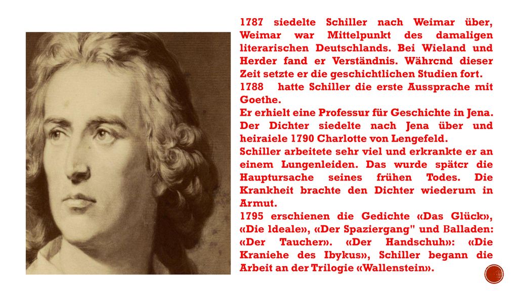 1787 siedelte Schiller nach Weimar über, Weimar war Mittelpunkt des damaligen literarischen Deutschlands. Bei Wieland und Herder fand er Verständnis. Währcnd dieser Zeit setzte er die geschichtlichen Studien fort.