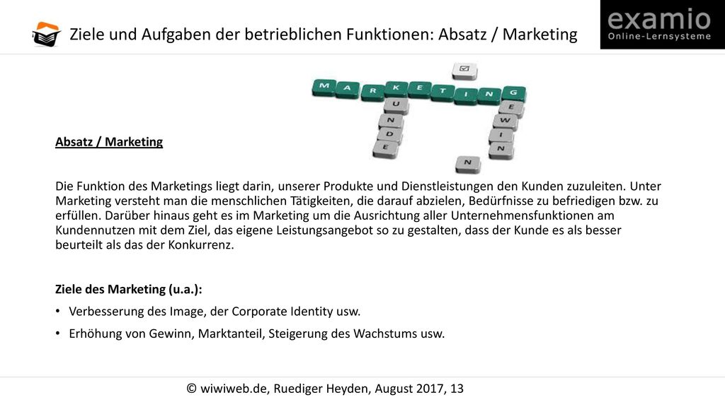 Ziele und Aufgaben der betrieblichen Funktionen: Absatz / Marketing