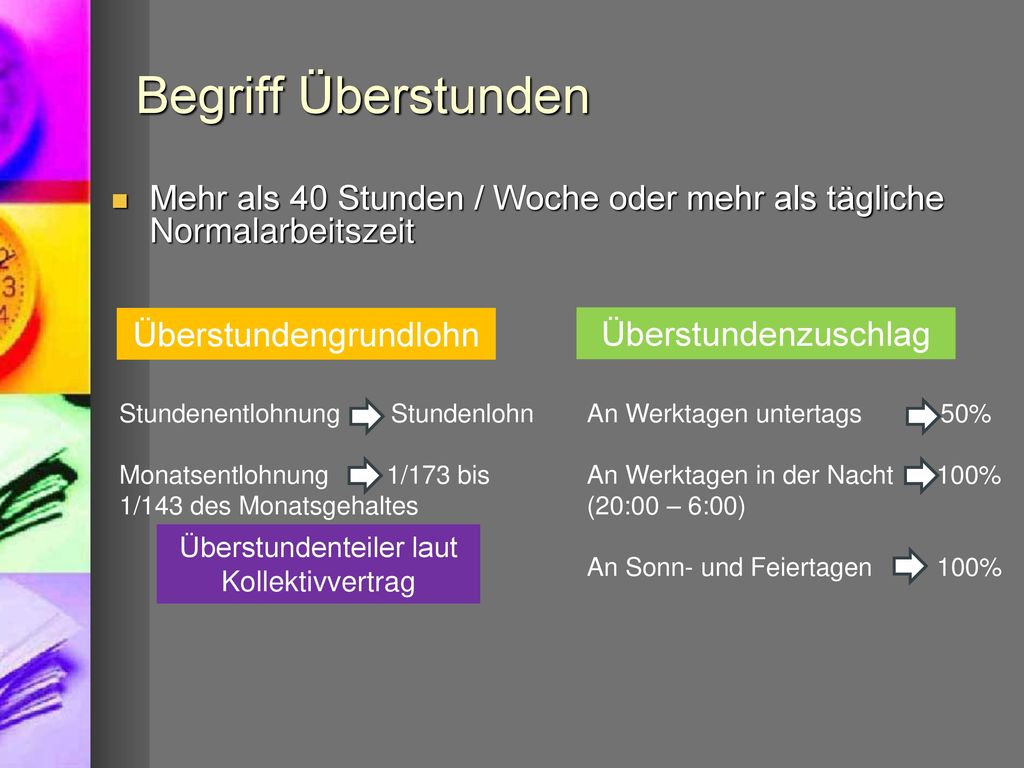Begriff Überstunden Mehr als 40 Stunden / Woche oder mehr als tägliche Normalarbeitszeit. Überstundengrundlohn.