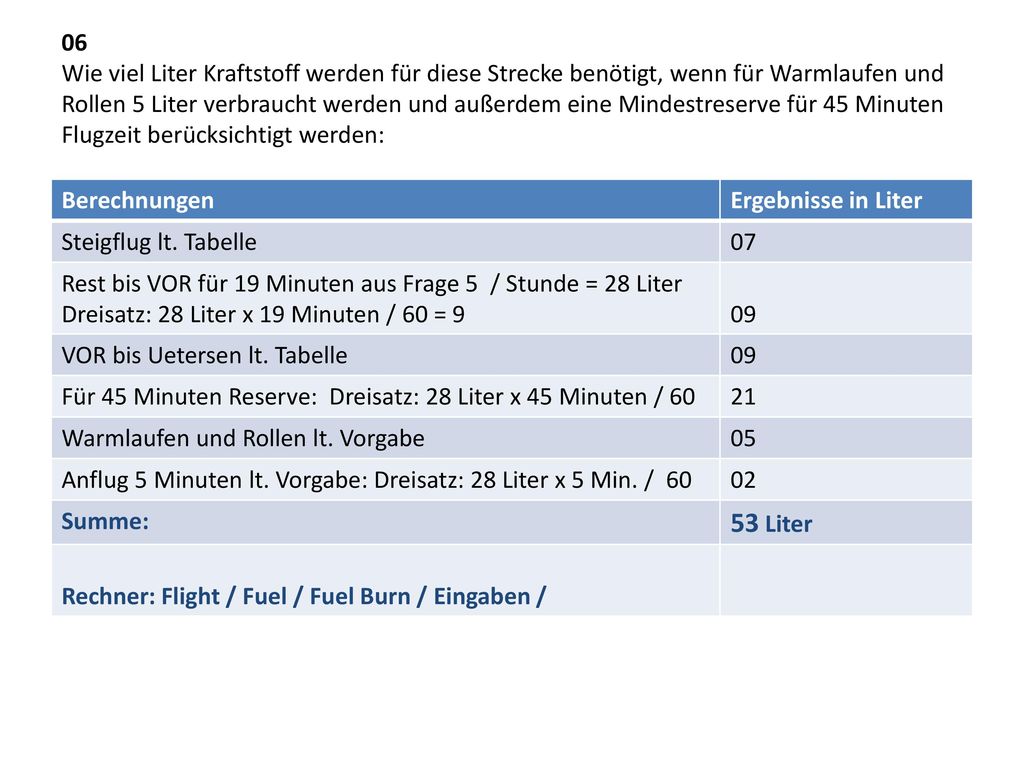 06 Wie viel Liter Kraftstoff werden für diese Strecke benötigt, wenn für Warmlaufen und Rollen 5 Liter verbraucht werden und außerdem eine Mindestreserve für 45 Minuten Flugzeit berücksichtigt werden: