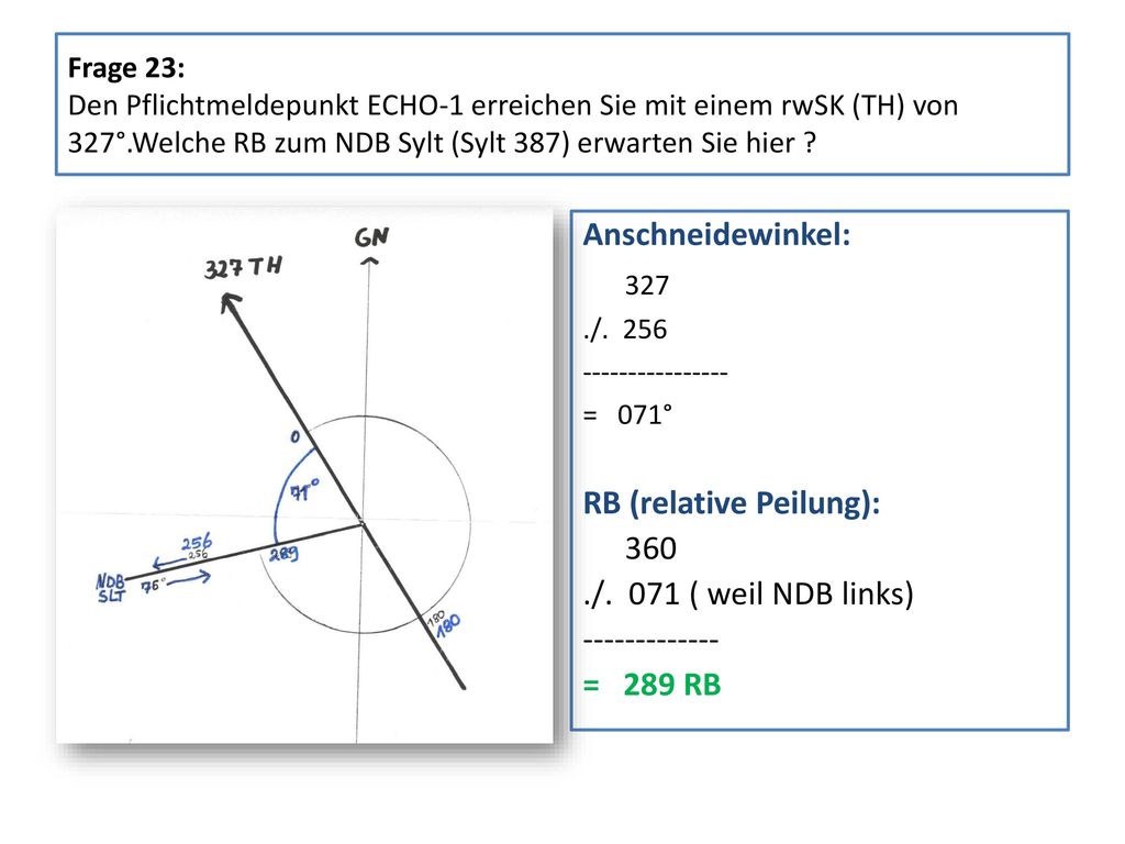 RB (relative Peilung): 360 ./. 071 ( weil NDB links)