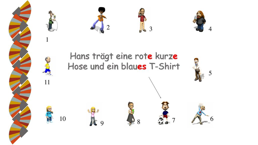 Hans trägt eine rote kurze Hose und ein blaues T-Shirt