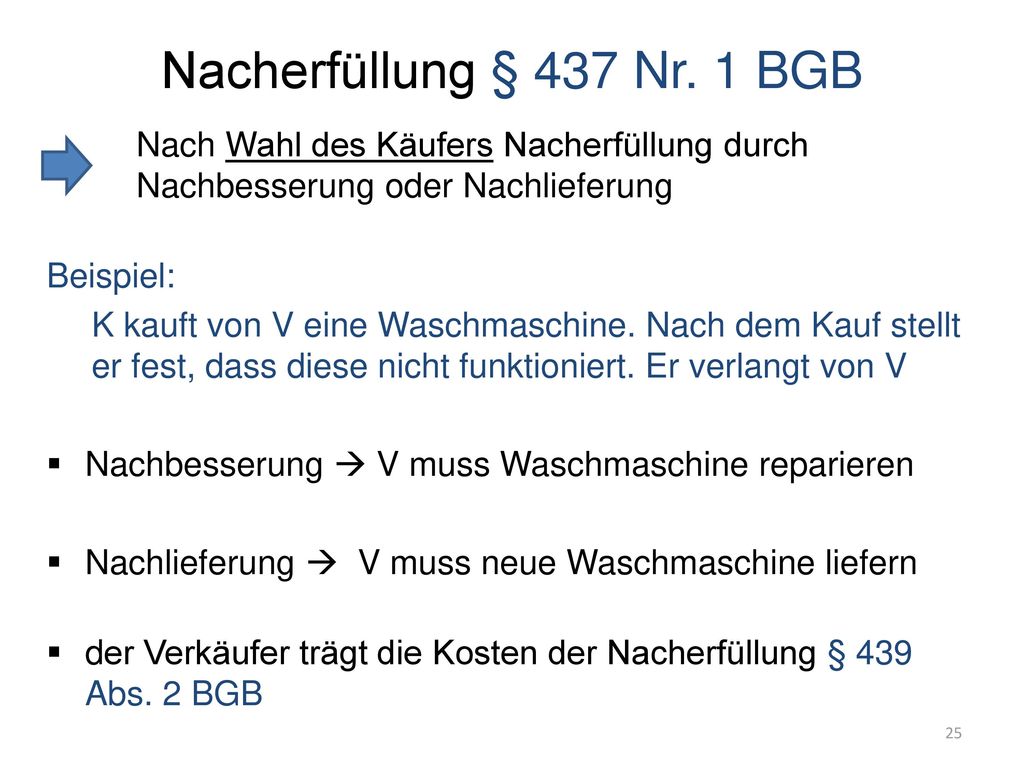 Nacherfüllung § 437 Nr. 1 BGB Nach Wahl des Käufers Nacherfüllung durch Nachbesserung oder Nachlieferung.
