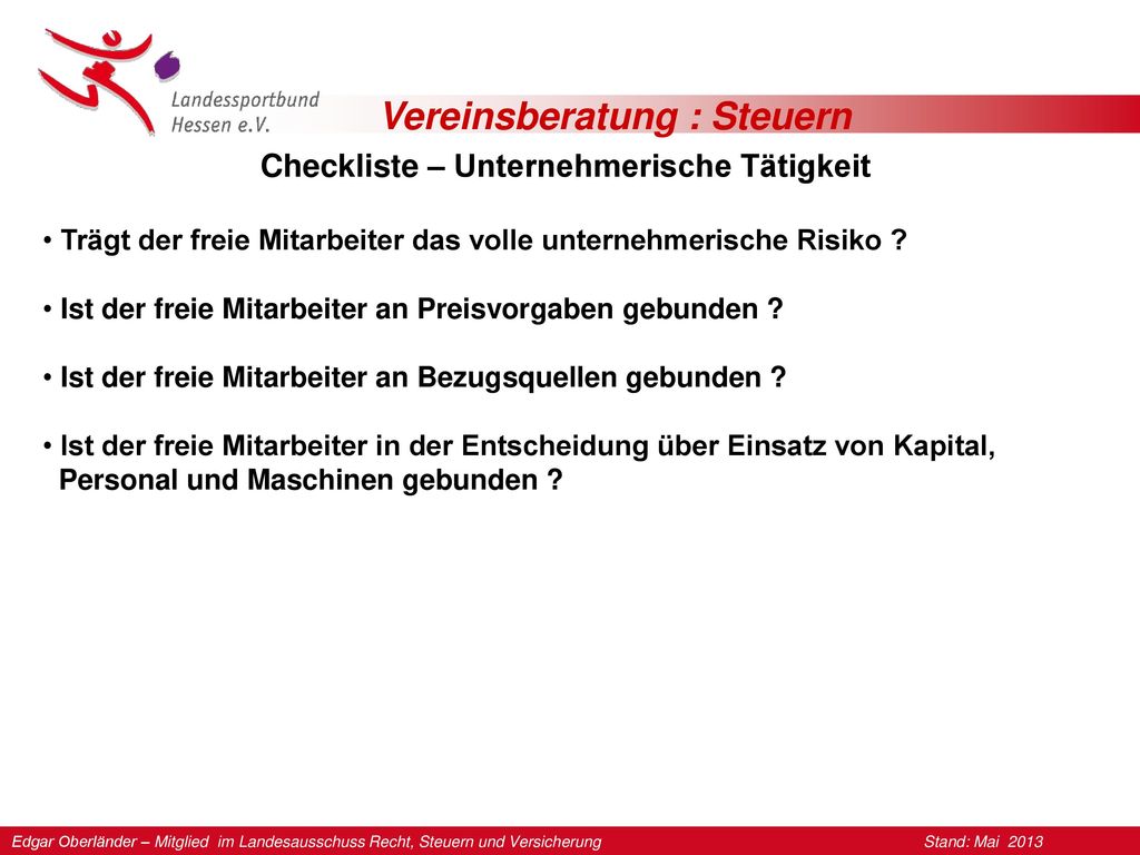 Checkliste – Unternehmerische Tätigkeit