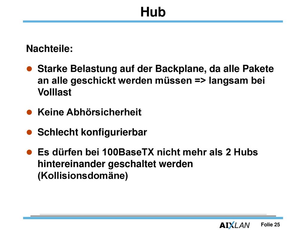 Hub Nachteile: Starke Belastung auf der Backplane, da alle Pakete an alle geschickt werden müssen => langsam bei Volllast.