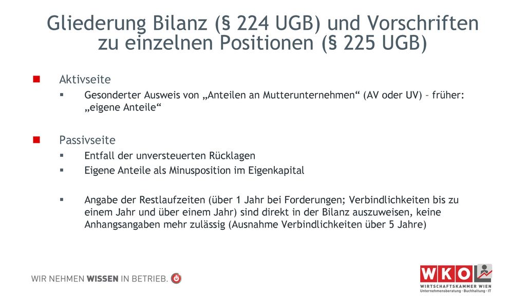 Gliederung Bilanz (§ 224 UGB) und Vorschriften zu einzelnen Positionen (§ 225 UGB)