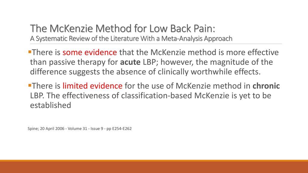 The McKenzie Method for Low Back Pain: A Systematic Review of the Literature With a Meta-Analysis Approach