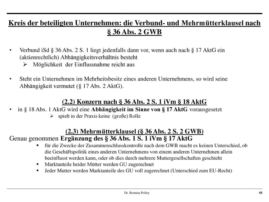 Kreis der beteiligten Unternehmen: die Verbund- und Mehrmütterklausel nach § 36 Abs. 2 GWB