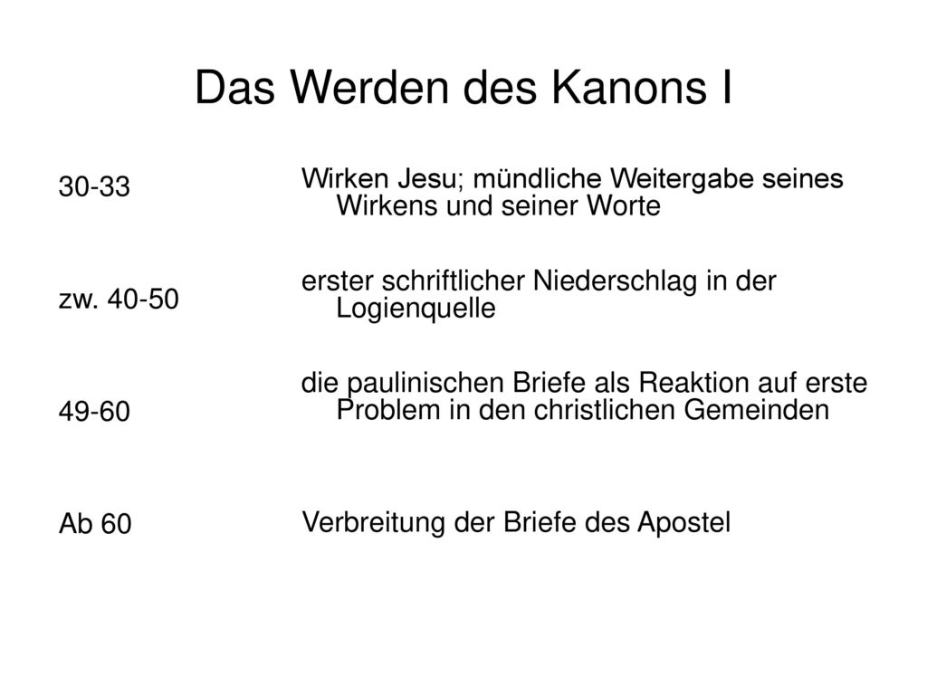 Das Werden des Kanons I Wirken Jesu; mündliche Weitergabe seines Wirkens und seiner Worte. erster schriftlicher Niederschlag in der Logienquelle.