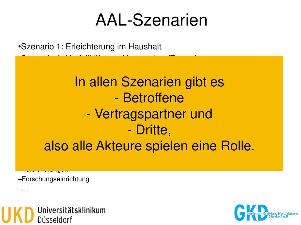 AAL-Szenarien Szenario 1: Erleichterung im Haushalt. Szenario 2: Notfallhilfe von Verwandten/Freunden.