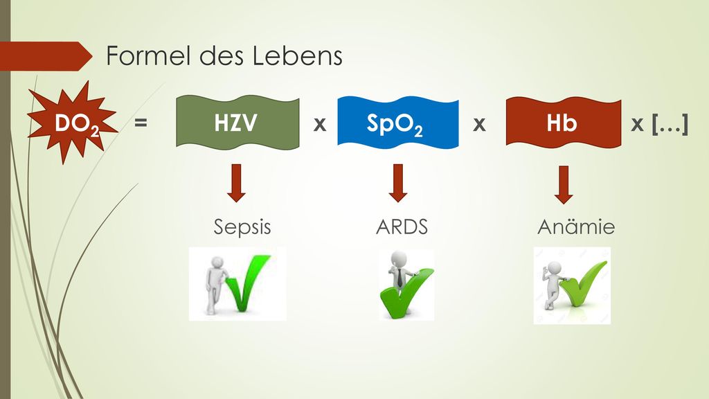 Formel des Lebens DO2 = HZV x SpO2 x Hb x […] Sepsis ARDS Anämie.