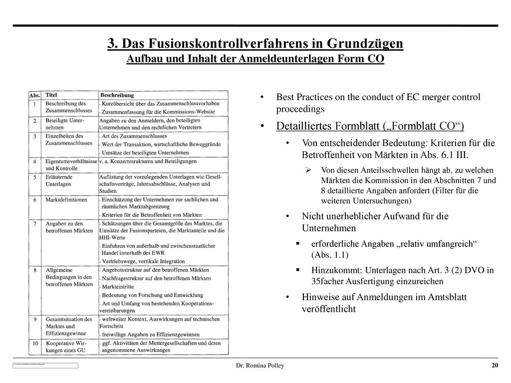 3. Das Fusionskontrollverfahrens in Grundzügen Aufbau und Inhalt der Anmeldeunterlagen Form CO