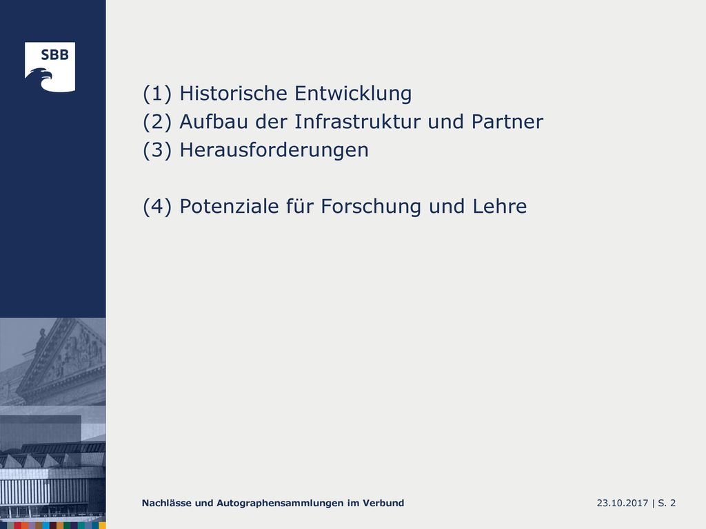 (1) Historische Entwicklung (2) Aufbau der Infrastruktur und Partner (3) Herausforderungen (4) Potenziale für Forschung und Lehre