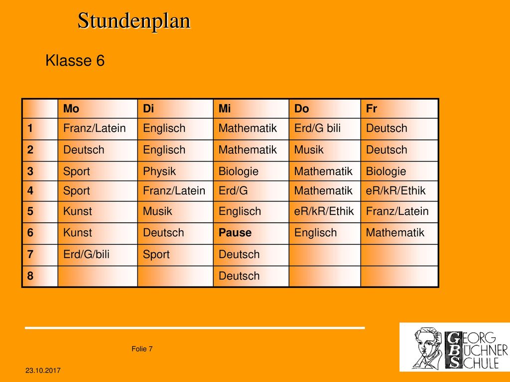 Stundenplan Klasse 6 Mo Di Mi Do Fr 1 Franz/Latein Englisch Mathematik