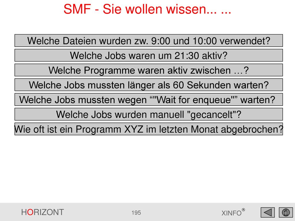 SMF - Sie wollen wissen Welche Dateien wurden zw. 9:00 und 10:00 verwendet Welche Jobs waren um 21:30 aktiv
