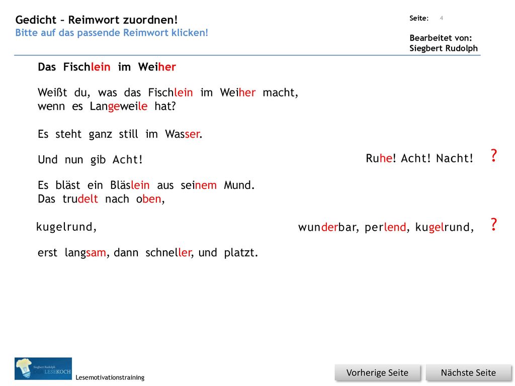 Gedicht – Reimwort zuordnen! Das Fischlein im Weiher
