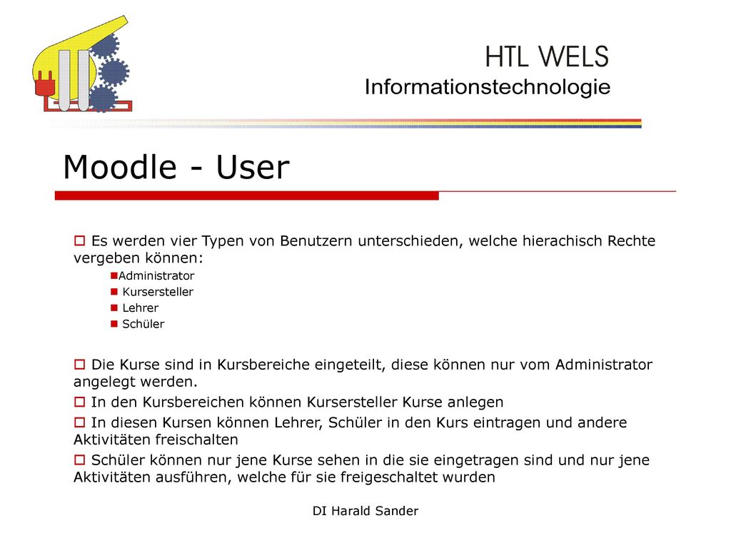 Moodle - User Es werden vier Typen von Benutzern unterschieden, welche hierachisch Rechte vergeben können: