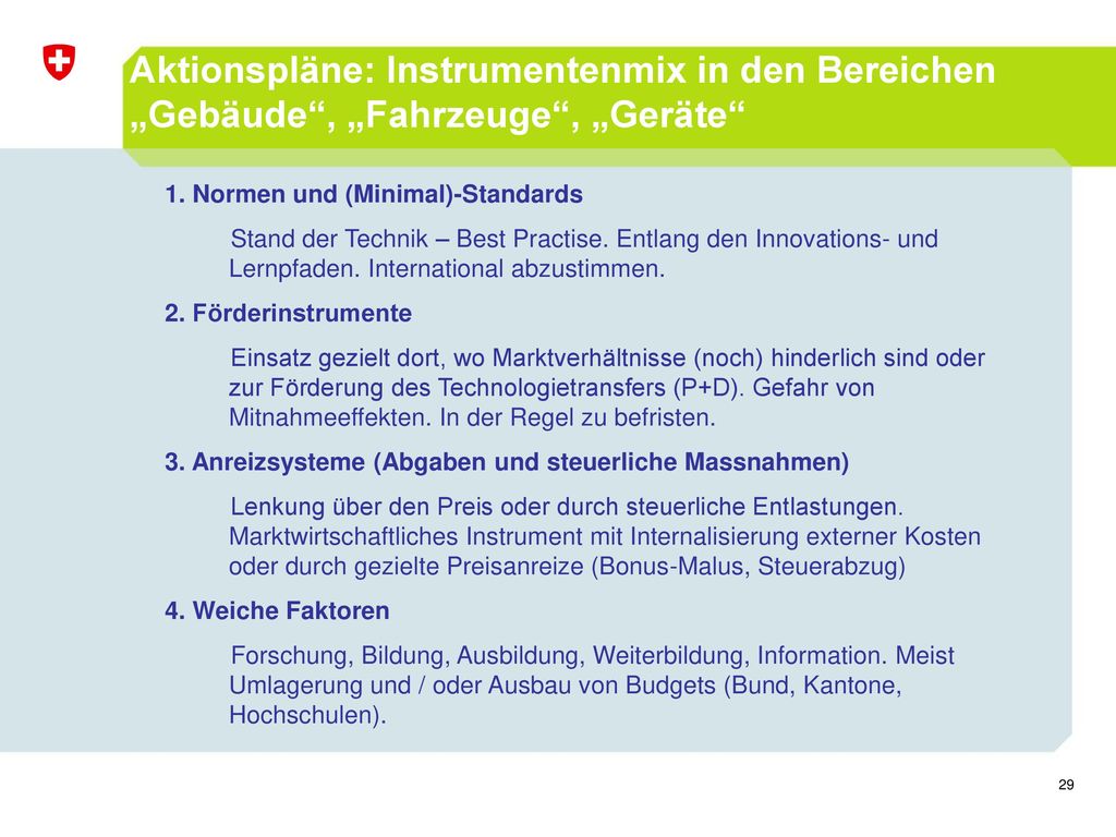 Aktionspläne: Instrumentenmix in den Bereichen „Gebäude , „Fahrzeuge , „Geräte