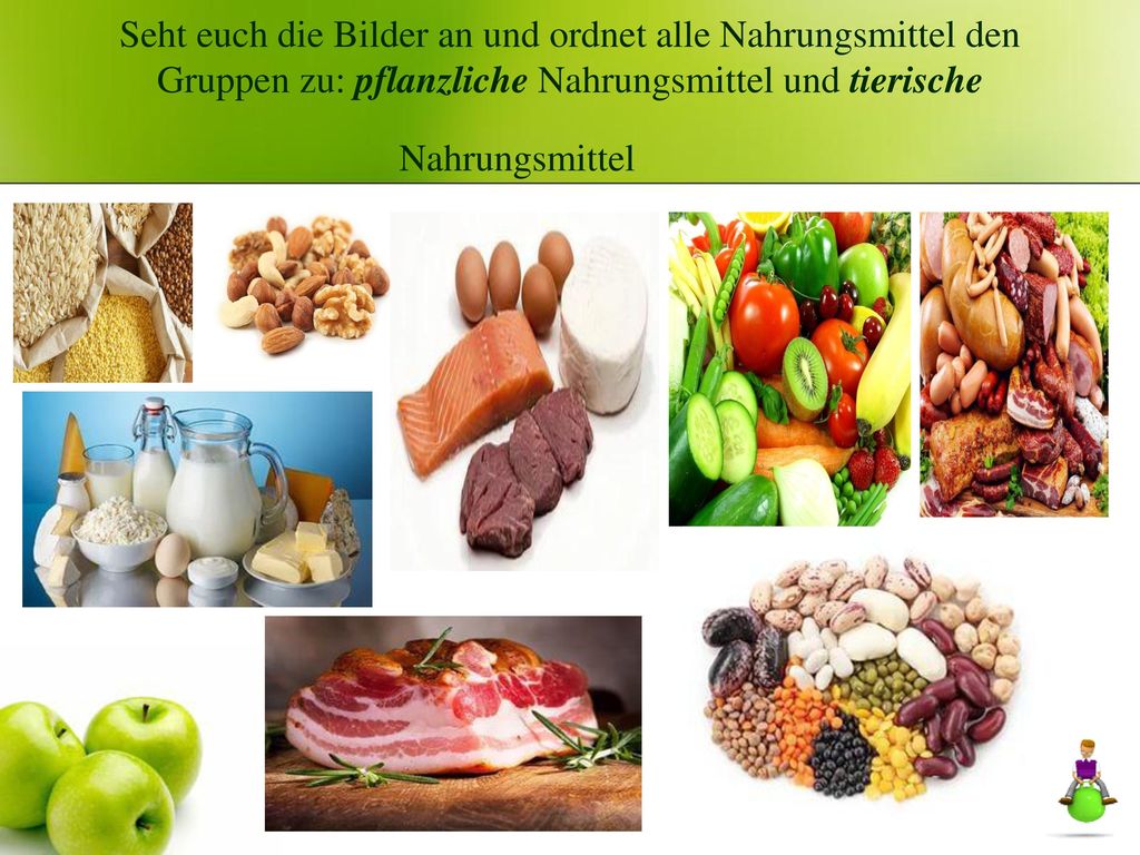 Seht euch die Bilder an und ordnet alle Nahrungsmittel den Gruppen zu: pflanzliche Nahrungsmittel und tierische Nahrungsmittel