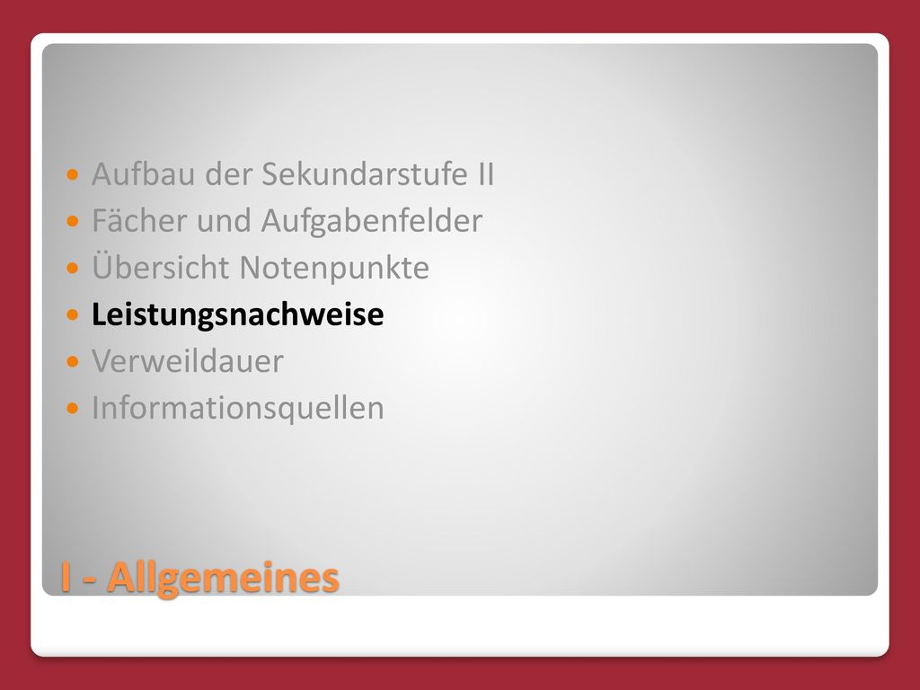 I - Allgemeines Aufbau der Sekundarstufe II Fächer und Aufgabenfelder