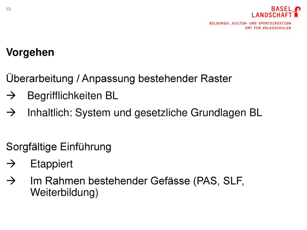 Vorgehen Überarbeitung / Anpassung bestehender Raster. Begrifflichkeiten BL. Inhaltlich: System und gesetzliche Grundlagen BL.