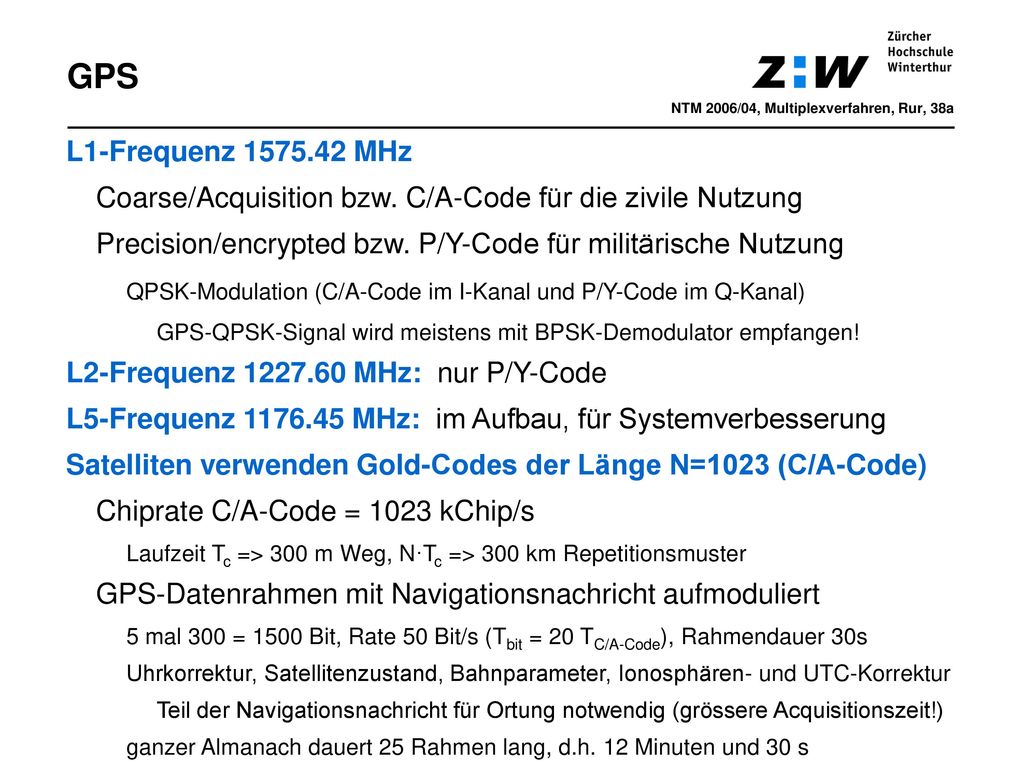 GPS NTM 2006/04, Multiplexverfahren, Rur, 38a. L1-Frequenz MHz. Coarse/Acquisition bzw. C/A-Code für die zivile Nutzung.