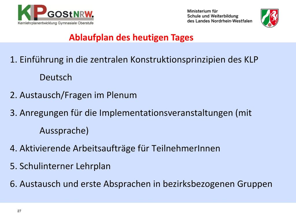 Ablaufplan des heutigen Tages