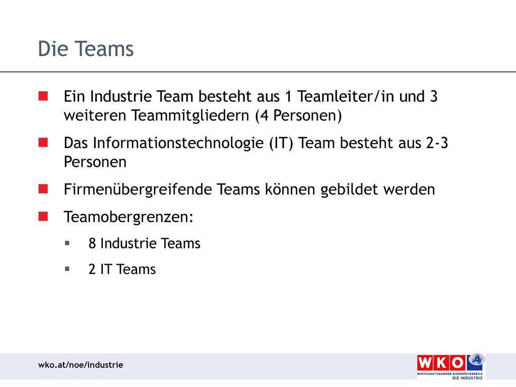 Die Teams Ein Industrie Team besteht aus 1 Teamleiter/in und 3 weiteren Teammitgliedern (4 Personen)