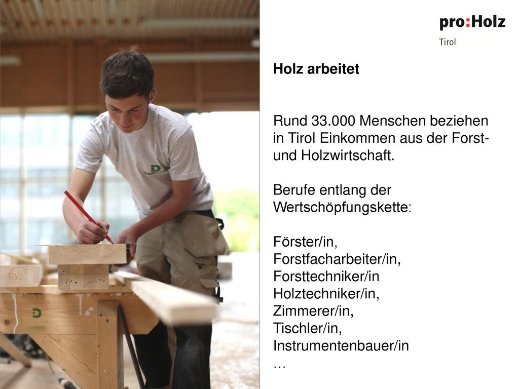 Holz arbeitet Rund Menschen beziehen in Tirol Einkommen aus der Forst- und Holzwirtschaft. Berufe entlang der Wertschöpfungskette: