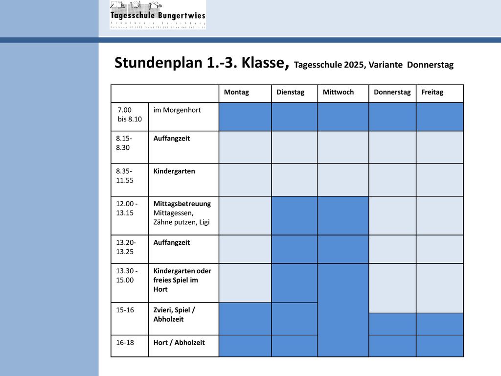 Stundenplan Klasse, Tagesschule 2025, Variante Donnerstag