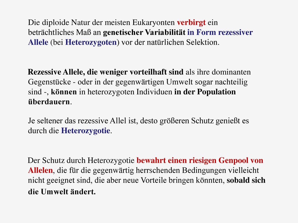 Die diploide Natur der meisten Eukaryonten verbirgt ein beträchtliches Maß an genetischer Variabilität in Form rezessiver Allele (bei Heterozygoten) vor der natürlichen Selektion.