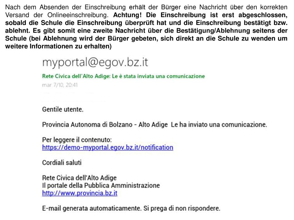 Nach dem Absenden der Einschreibung erhält der Bürger eine Nachricht über den korrekten Versand der Onlineeinschreibung.